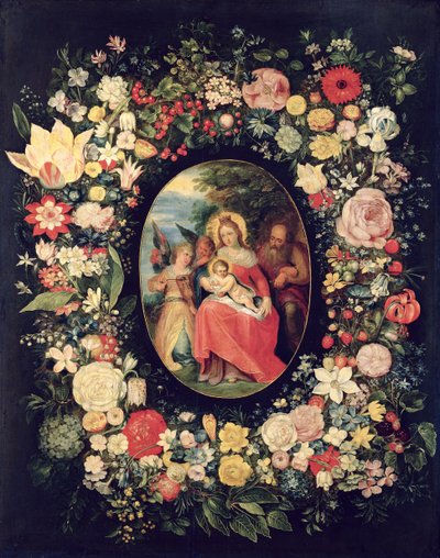 De Heilige Familie Omringd door een Bloemenguirlande door Andries Daniels or Danielsz