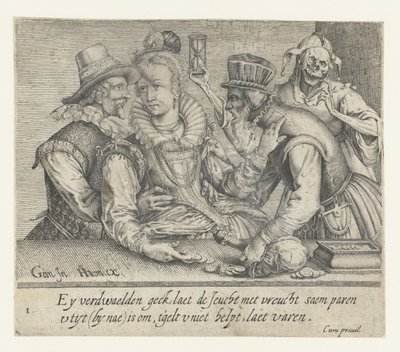 Een oude man probeert de liefde van een jonge vrouw te kopen door Andries Jacobsz. Stock (possibly)