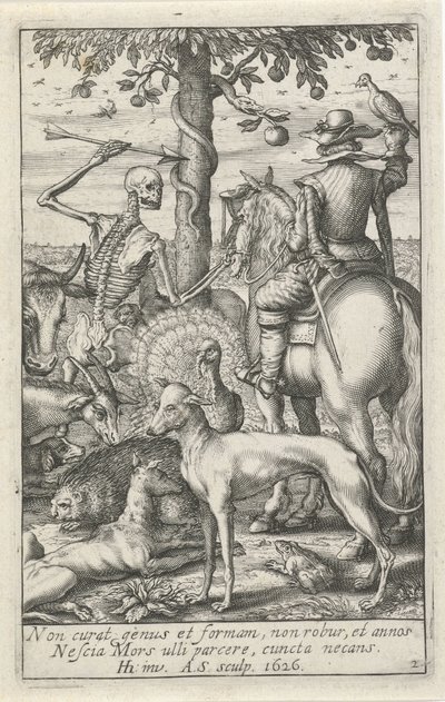 Skelet met pijl en valkenier, temidden van dieren door Andries Jacobsz. Stock