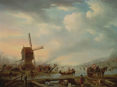 Een uitgestrekt winterlandschap met schaatsende figuren door Andries Vermeulen