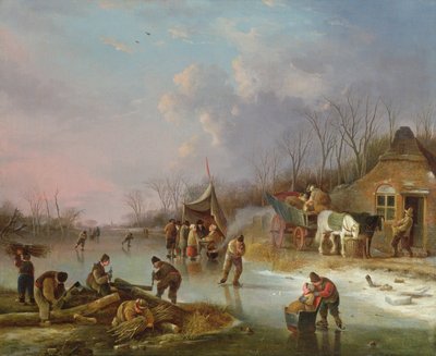 Nederlandse Boeren op een bevroren rivier door Andries Vermeulen