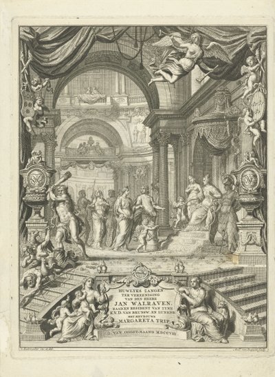 Titelpagina voor: Huwlykszangen ter vereeniging van den heere Jan Walraven, raadt (...) van zyne keurvorstelyke doorluchtigheit van Brunswyk en Lunenburg. Met mevrouwe Margareta Trip. Amsterdam, 108 door Andries van Buysen (Sr.)