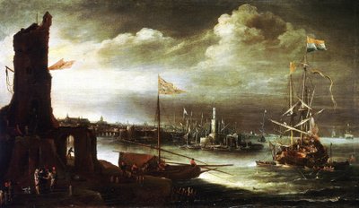 Een Nederlands schip voor anker voor de haven van Genua door Andries van Eertvelt