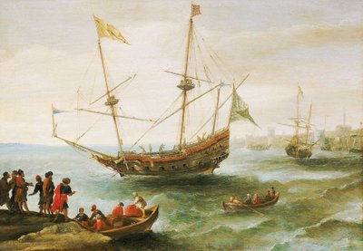 Een Algerijns schip in een haven in Barbarije door Andries van Eertvelt