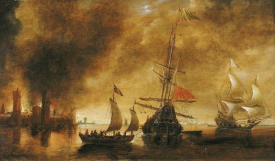 Bij zonsopgang na het bombardement van een haven door de Spaanse vloot, de havengebouwen smeulen nog van de nachtelijke strijd, een boot vol soldaten beweegt rond het centrale schip door Andries van Eertvelt