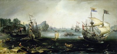 Nederlandse schepen laden een lading hout in een Scandinavisch fjord, door Andries van Eertvelt door Andries van Eertvelt