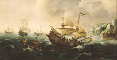 Nederlandse schepen op weg naar een rotsachtige kust door Andries van Eertvelt