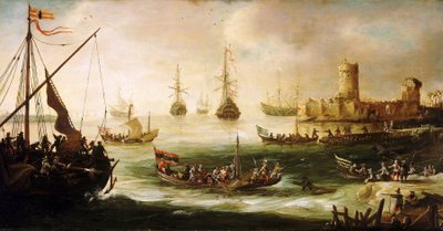 De terugkeer van een Spaanse expeditie, Olie op hout, door Andries van Eertvelt (1590-1652). door Andries van Eertvelt