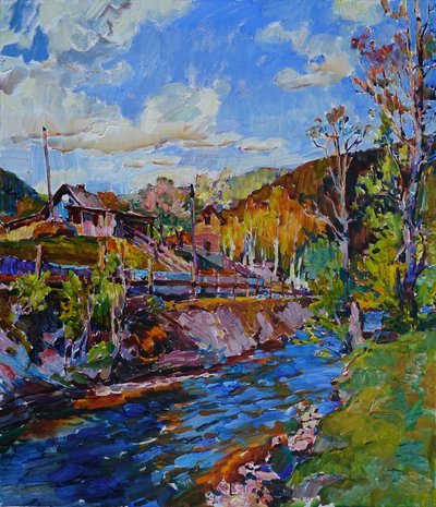 Levendig bergdorp aan de rivier door Andrii Kutsachenko