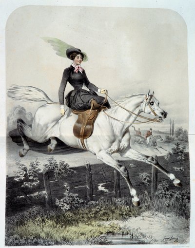 Een jonge ruiter in de amazone springt over een barrière door Ange Louis Janet