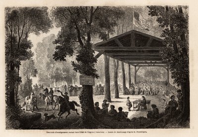 Een school van wederzijdse educatie, in een bos van Virginia (Verenigde Staten), tekening door Janet Lange, ter illustratie van een bezoek aan de Mammoth-grot, Kentucky, in 1859, door M. Pousselgue. Gravure in 