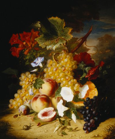 Perziken, Druiven, een Meloen, Winde en Andere Bloemen in een Landschap door Ange Louis Guillaume Lesourd Beauregard