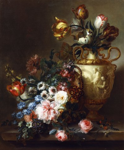 Tulpen in een vaas en rozen in een mand op een stenen richel door Ange Louis Guillaume Lesourd Beauregard