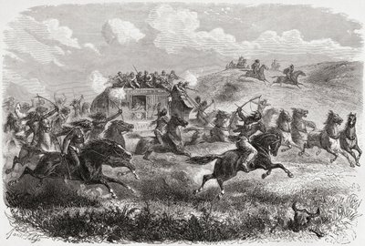 Indianen vallen een transcontinentale postkoets aan in 1867, illustratie uit 