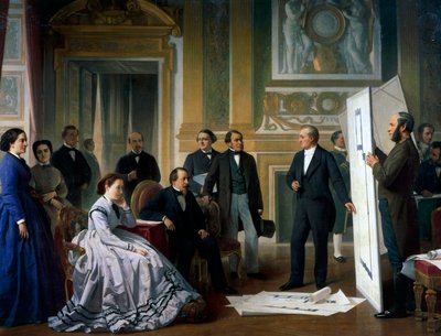 De architect presenteert de nieuwe plannen voor het Louvre aan Napoleon III en Eugenie door Ange Tissier