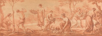 Een Fries: Mannen die Bomen Planten, Vrouwen die Bloemen Verzamelen en Bloemen Water Geven door Angelica Kauffmann