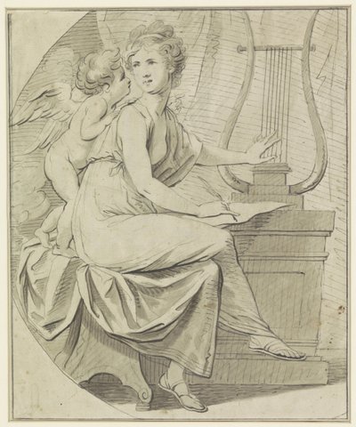 Amor inspireert een jonge vrouw, die met de ene hand een lier tokkelt, en met de andere hand schrijft door Angelica Kauffmann