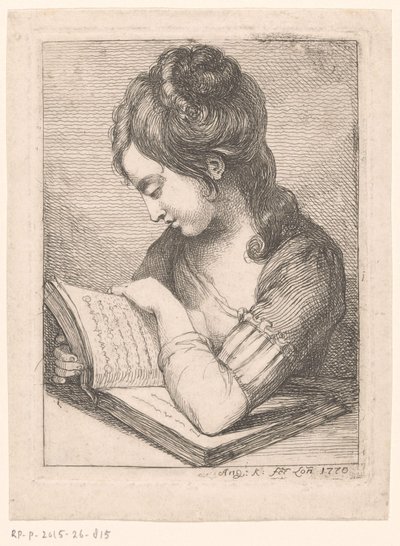 Lezende jonge vrouw aan een tafel, haar elleboog rustend op een boek door Angelica Kauffmann