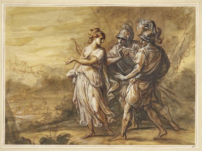 Mythologische Scene. Jonge Vrouw met Boog Keert zich naar Twee Gewapende Mannen door Angelica Kauffmann