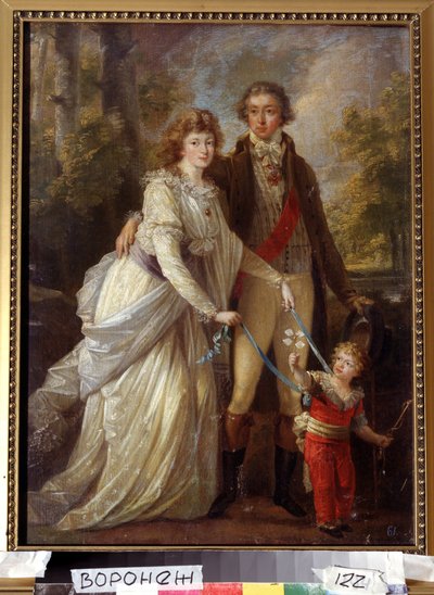 Familieportret. Een Zwitserse adellijke familie, het kind wordt vastgehouden door zijn moeder met linten. door Angelica Kauffmann
