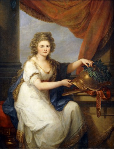 Portret van gravin Catherine Skavronska, zittend driekwart lengte, in neoklassieke jurk, bij een gedrapeerd gordijn, een helm versierend, gegraveerd "Potemkin Taurico", met een krans, 1789 door Angelica Kauffmann