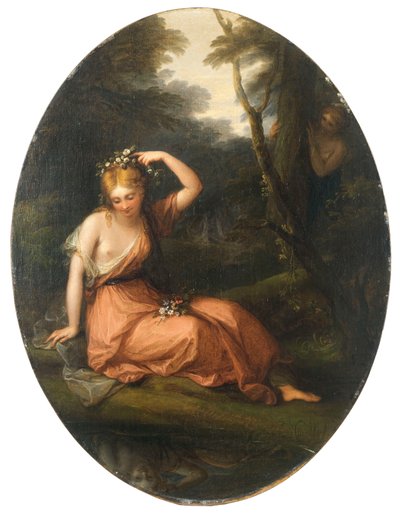 Silvia, zichzelf versierend met bloemen terwijl ze wordt geobserveerd door Daphne door Angelica Kauffmann