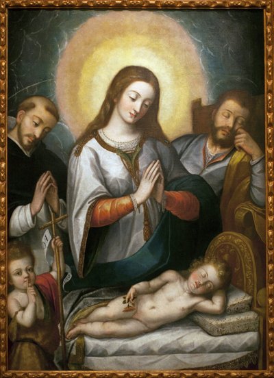 De Heilige Familie met Sint Johannes de Doper en Sint Dominicus door Angelino Medoro