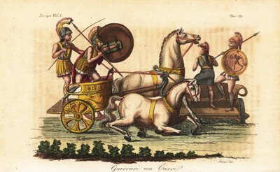 Oude Griekse krijgers met beschilderde schilden die een biga of tweepaardswagen berijden door Angelo (after) Monticelli