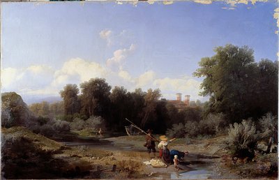 Landschap of Vissen in een rivier Schilderij door Angelo Beccaria (1820-1897) 1855 door Angelo Beccaria