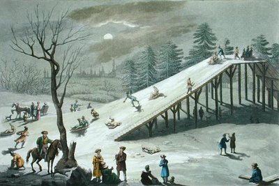 Sneeuwglijbaan in een Russisch openbaar park, begin 19e eeuw (gekleurde gravure) door Angelo Biasioli