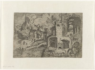 Landschap met Vlucht naar Egypte door Angelo Falconetto (attributed to)