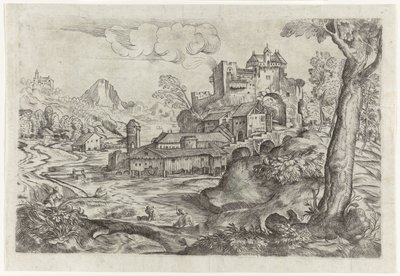 Landschap met rivier en kasteel door Angelo Falconetto (attributed to)