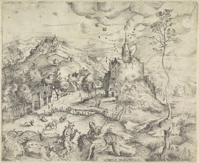 Landschap met Mercurius die de kudde van Apollo steelt door Angelo Falconetto