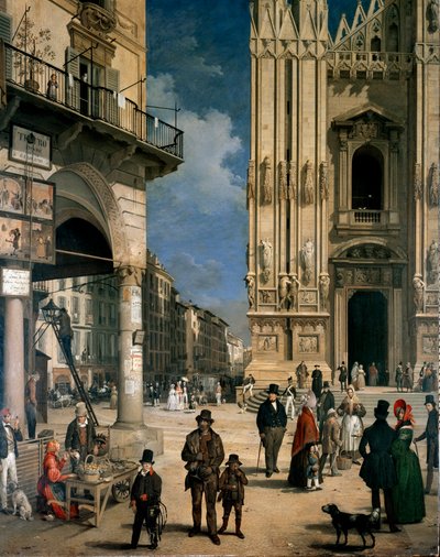 Markt van Figini in Milaan (Piazza del Duomo met een hoek van de Coperto dei Figini) (detail) door Angelo Inganni