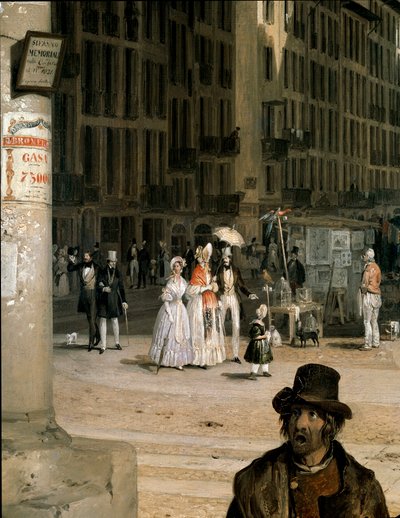 Markt van Figini in Milaan (Piazza del Duomo met een hoek van de Coperto dei Figini) Detail - Schilderij door Angelo Inganni (1807-1880) door Angelo Inganni