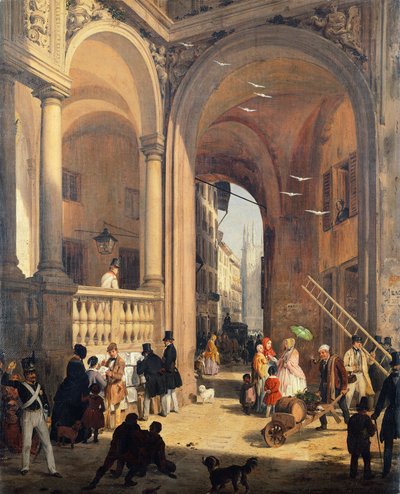 Piazza dei Mercanti of De overgang van het Oude Visverkopersplein door Angelo Inganni