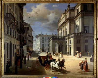 Voorstelling van de Plaza de la Scala in Milaan door Angelo Inganni. 19e eeuw. Pinacoteca di Brera, Milaan. door Angelo Inganni