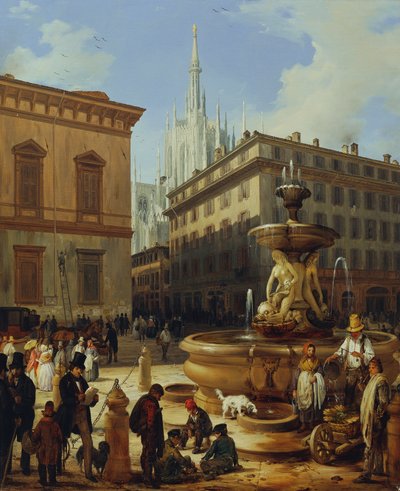 Straatbeeld uit Milaan, op de achtergrond de kathedraal door Angelo Inganni