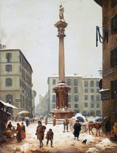 De Verlosserzuil op Verziere (groentemarkt) gezien vanaf de oude straat van San Bernardino in Milaan door Angelo Inganni