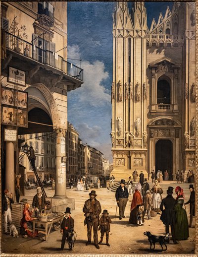 Uitzicht op de Duomo met de Coperto van Figini door Angelo Inganni