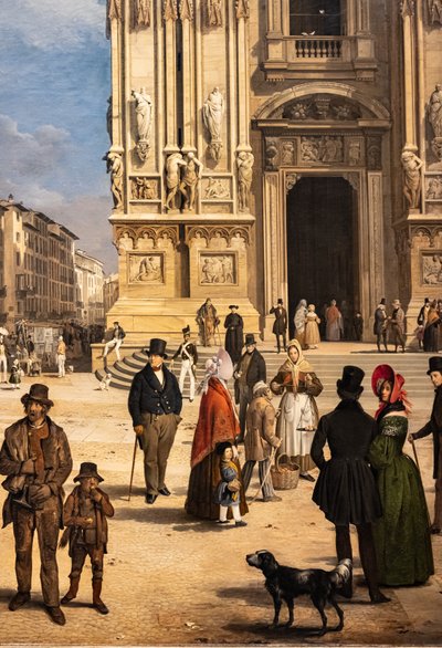 Uitzicht op de Duomo met de Coperto van Figini (detail) door Angelo Inganni