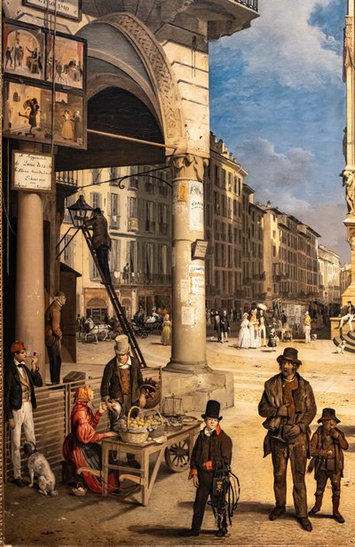Uitzicht op de Duomo met de Coperto van Figini (detail) door Angelo Inganni