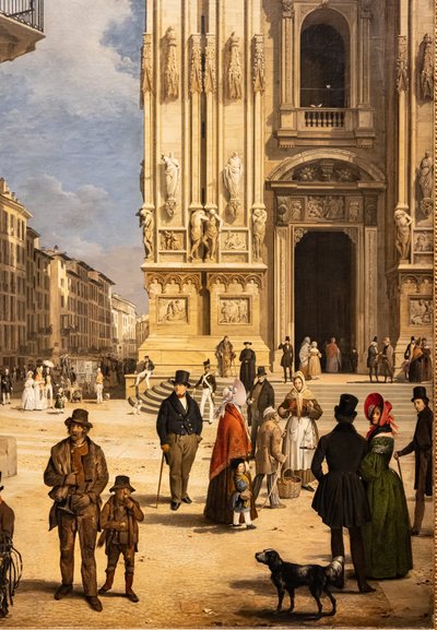 Uitzicht op de Duomo met de Coperto van Figini (detail) door Angelo Inganni