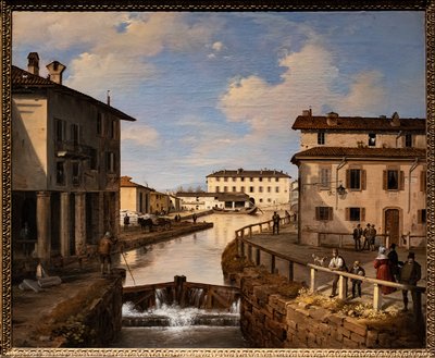 Uitzicht op het Naviglio-kanaal vanaf de brug van St. Mark door Angelo Inganni