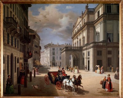 Uitzicht op het plein van Teatro alla Scala, Milaan door Angelo Inganni