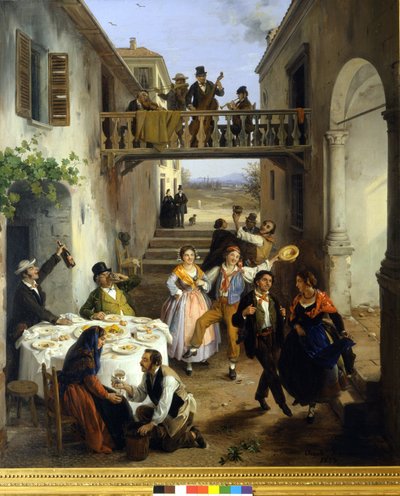 Bruiloftsmaal in de binnenplaats. Schilderij door Angelo Inganni door Angelo Inganni