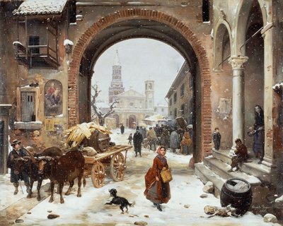Wintermarkt voor de Abdij van Clairvaux door Angelo Inganni