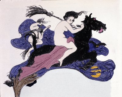 Heksen die door de lucht bewegen. Illustratie door Angelo Jank (1868-1940) voor Jugend door Angelo Jank