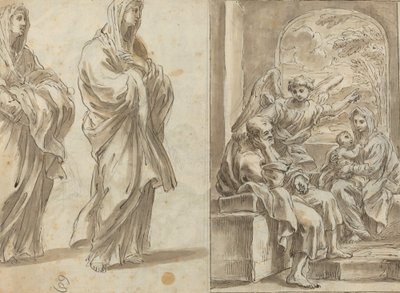 Twee Gedrapeerde Vrouwelijke Figuren; Rust tijdens de vlucht naar Egypte [verso] door Angelo Marullo