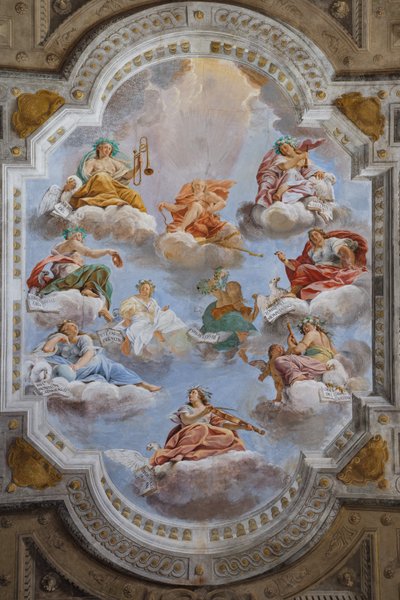 Plafond van de hal met de Bologna-kwartieren, Hal van de Wachten, Este Hertogelijk Paleis, Sassuolo, Italië door Angelo Michele Colonna
